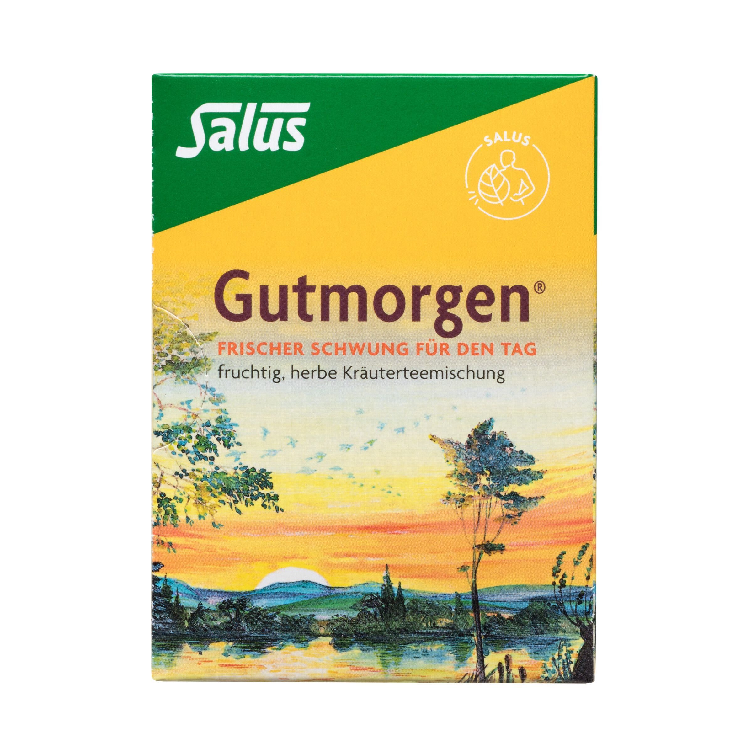 Karton Kräutertee Gutmorgen, Salus. Aufdruck: Gutmorgen, frischer Schwung für den Tag.