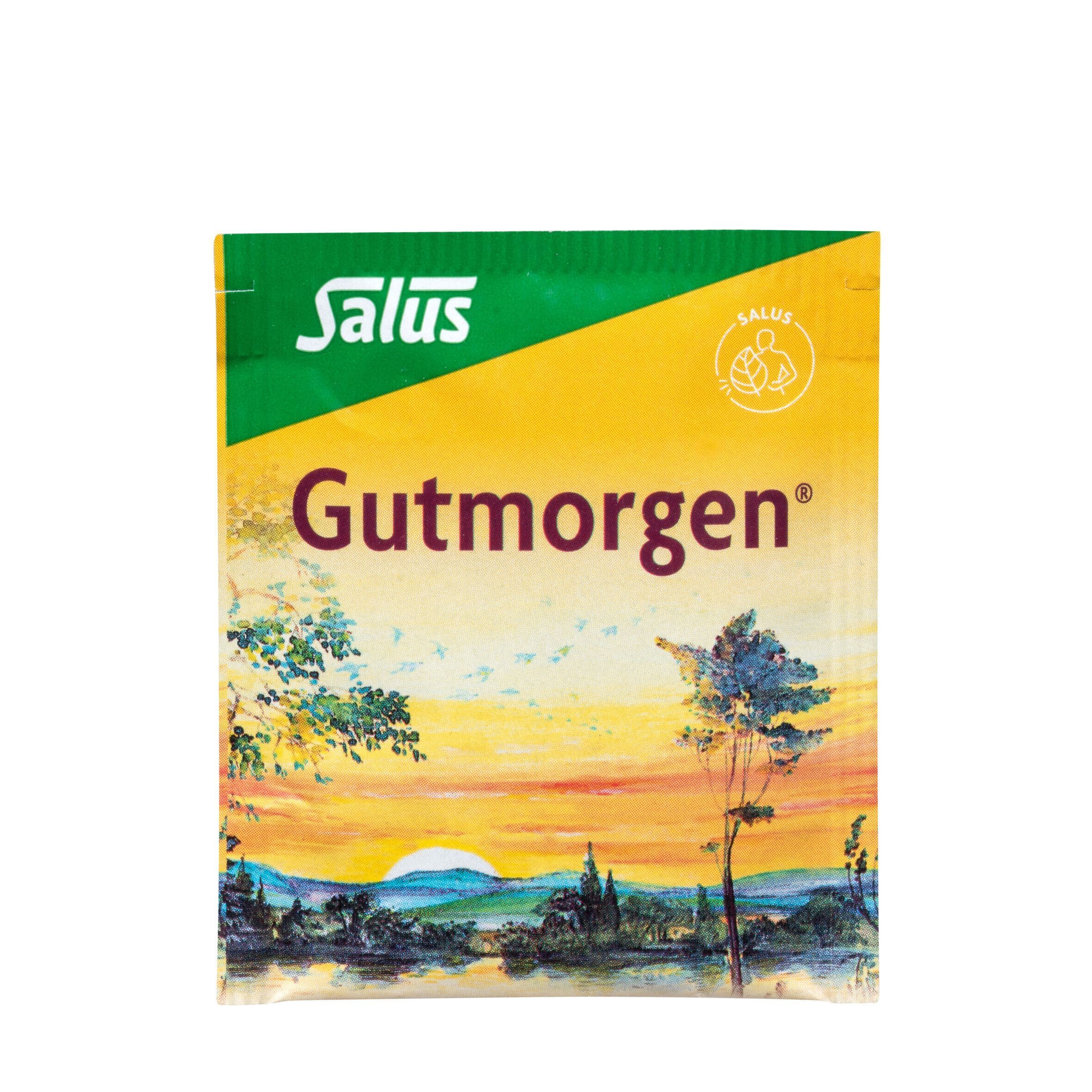 Verpackung Kräutertee Gutmorgen, Salus. Aufdruck: Gutmorgen, frischer Schwung für den Tag.
