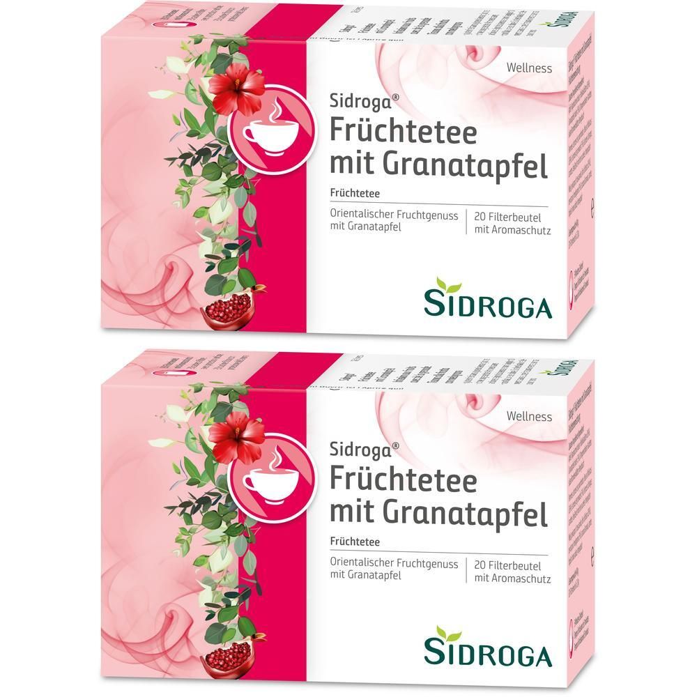 Zwei Packungen Sidroga Früchtetee mit Granatapfel. Rosa-weiße Verpackung mit floralem Design und Produktinformationen. 20 Filterbeutel.