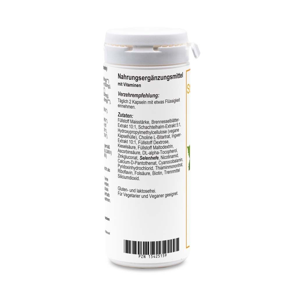 Weiße Pillendose mit Deckel. Rückseite mit Text: Nahrungsergänzungsmittel mit Vitaminen. Zutatenliste und Barcode.
