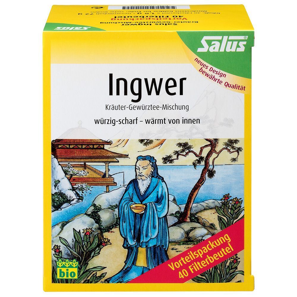 Gelber Karton mit Ingwer-Tee. Aufdruck: Salus, Ingwer, Kräuter-Gewürztee-Mischung, Bio. Roter Aufkleber: Vorteilspackung 40 Filterbeutel.