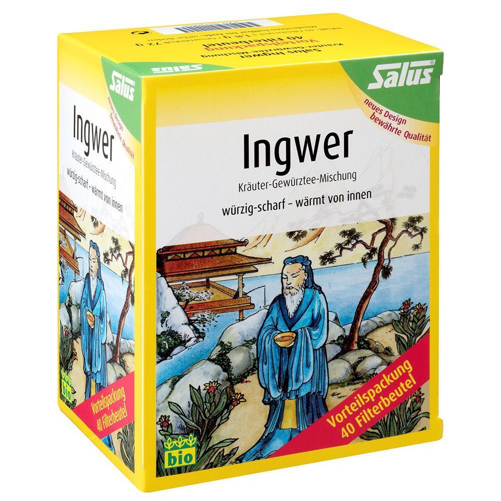 Gelber Karton mit Ingwer-Tee. Aufdruck: Salus, Ingwer, Kräuter-Gewürztee-Mischung, Bio. Roter Aufkleber: Vorteilspackung 40 Filterbeutel.