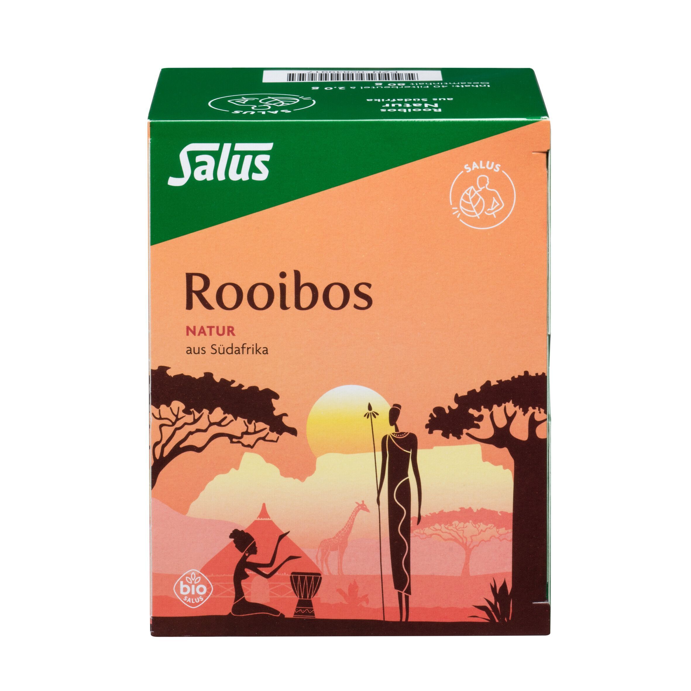 Salus Rooibos Tee-Packung. Aufdruck: Natur aus Südafrika. Mit Bio-Siegel.