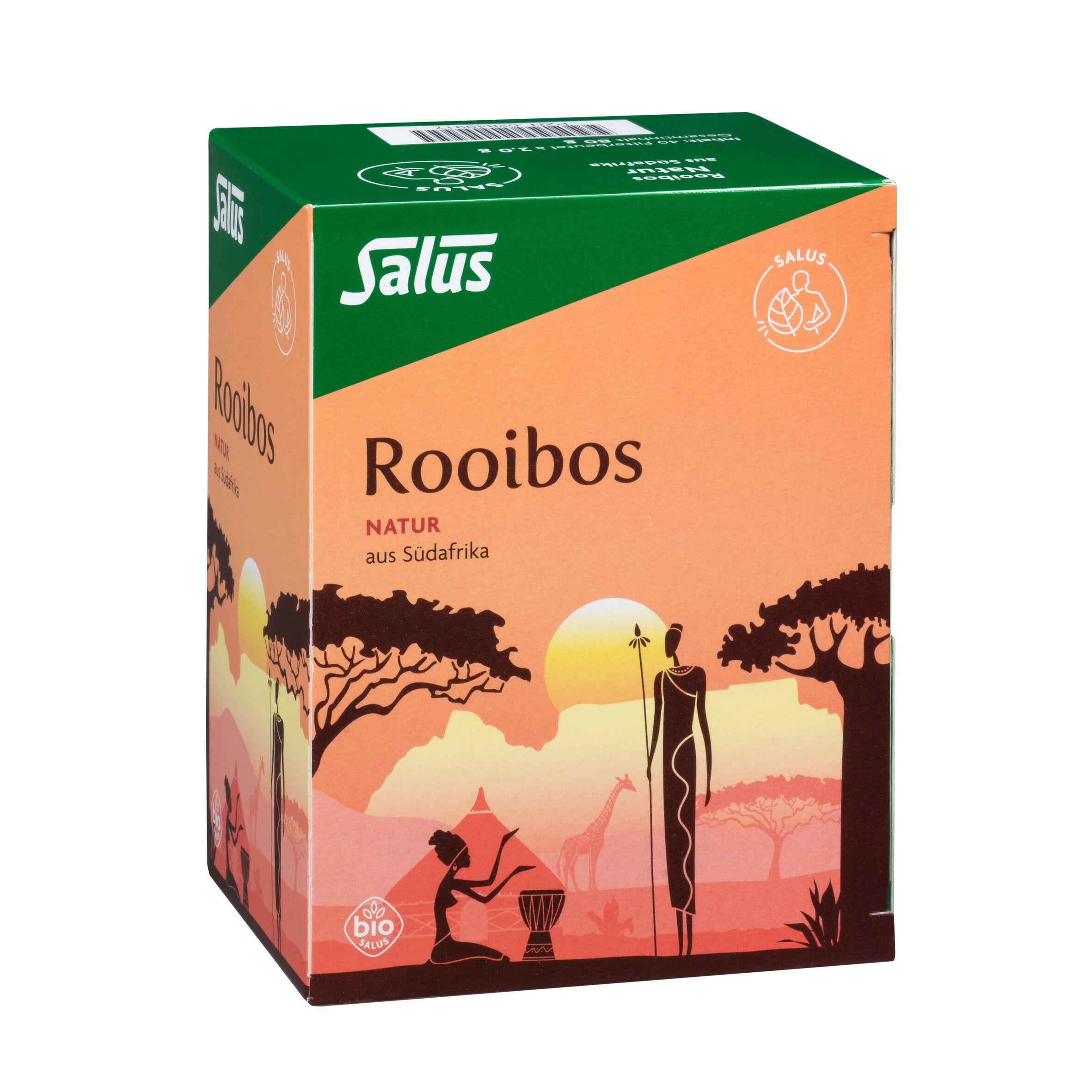 Salus Rooibos Tee-Packung. Aufdruck: Natur aus Südafrika. Mit Bio-Siegel.