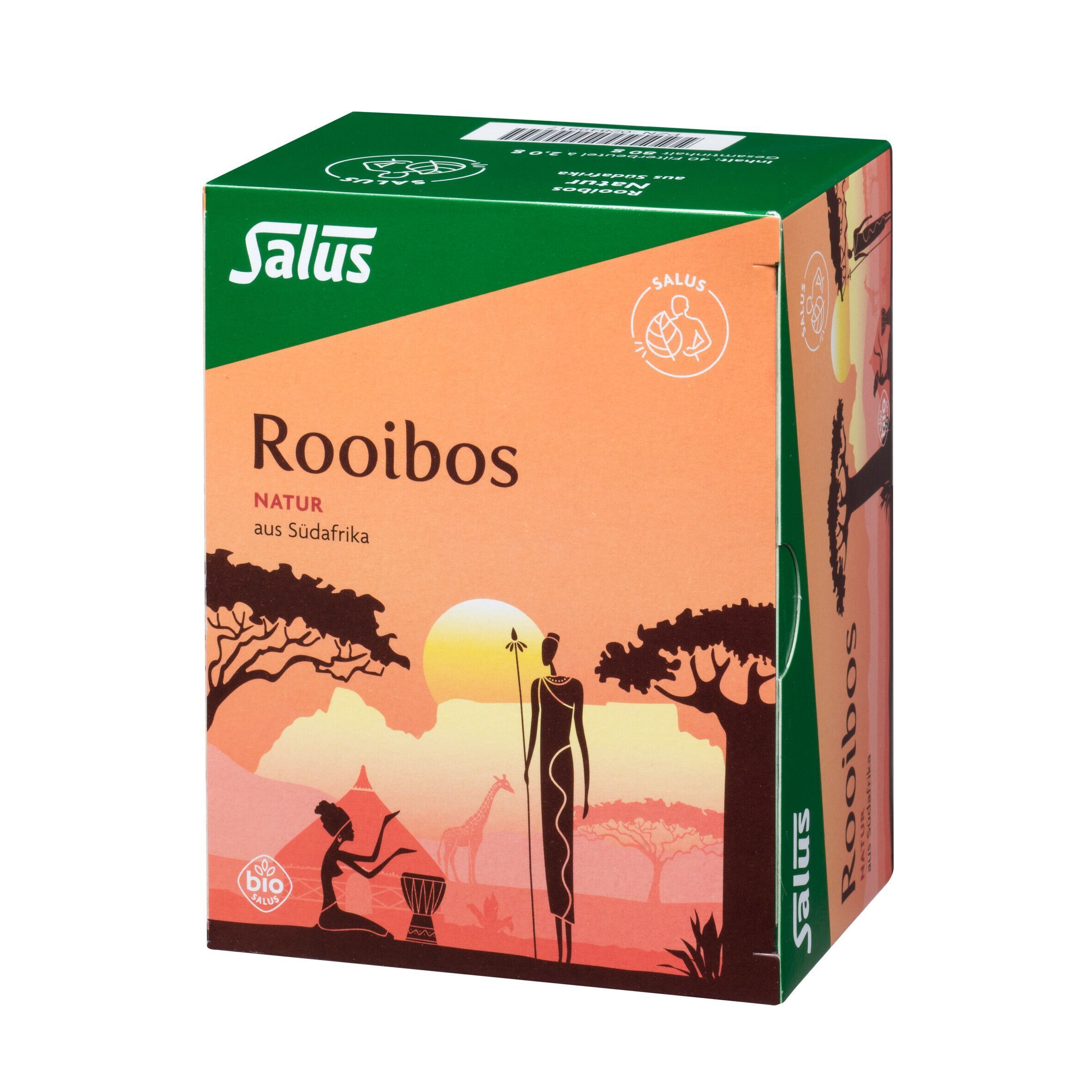 Salus Rooibos Tee-Packung. Aufdruck: Natur aus Südafrika. Mit Bio-Siegel.