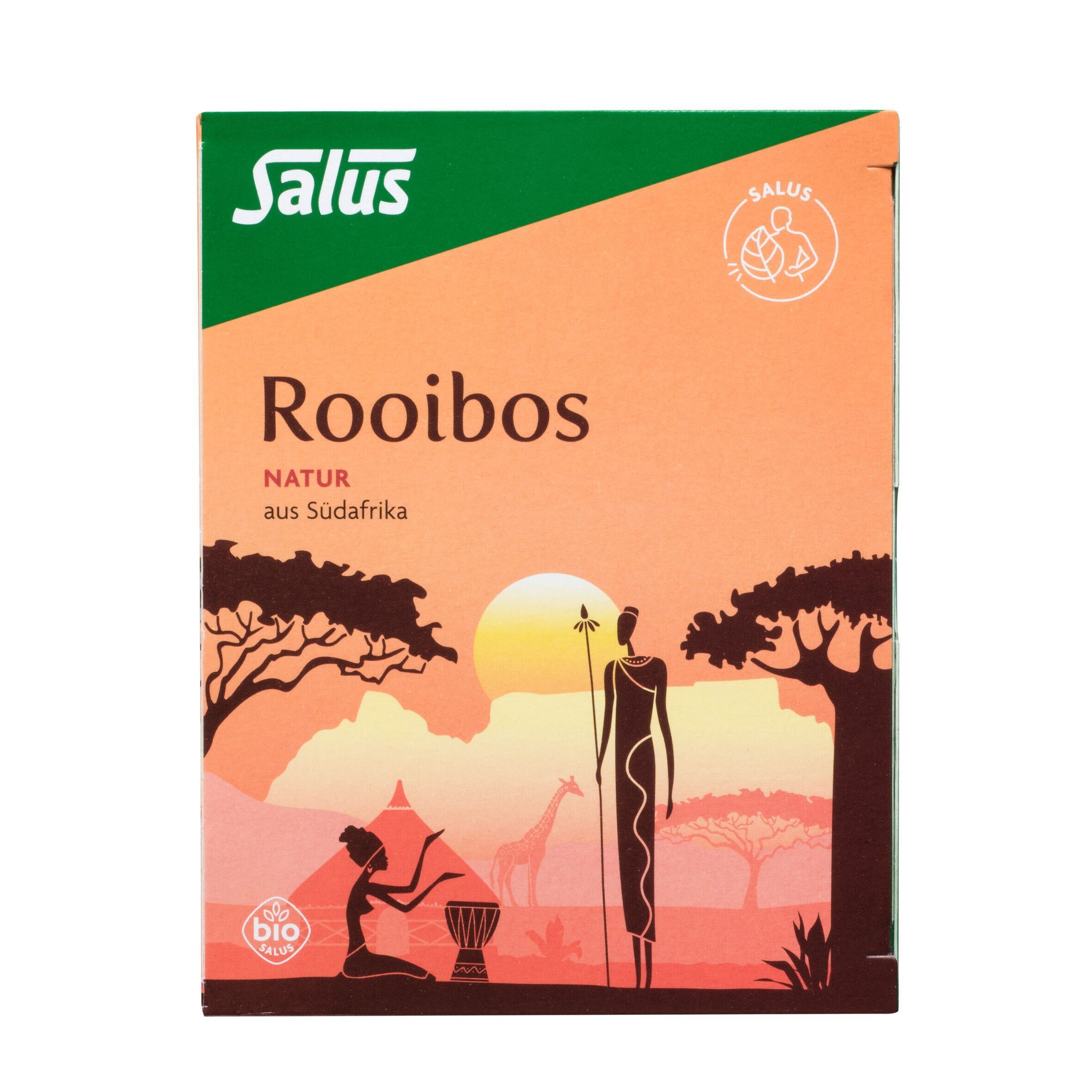Salus Rooibos Tee-Packung. Aufdruck: Natur aus Südafrika. Mit Bio-Siegel.