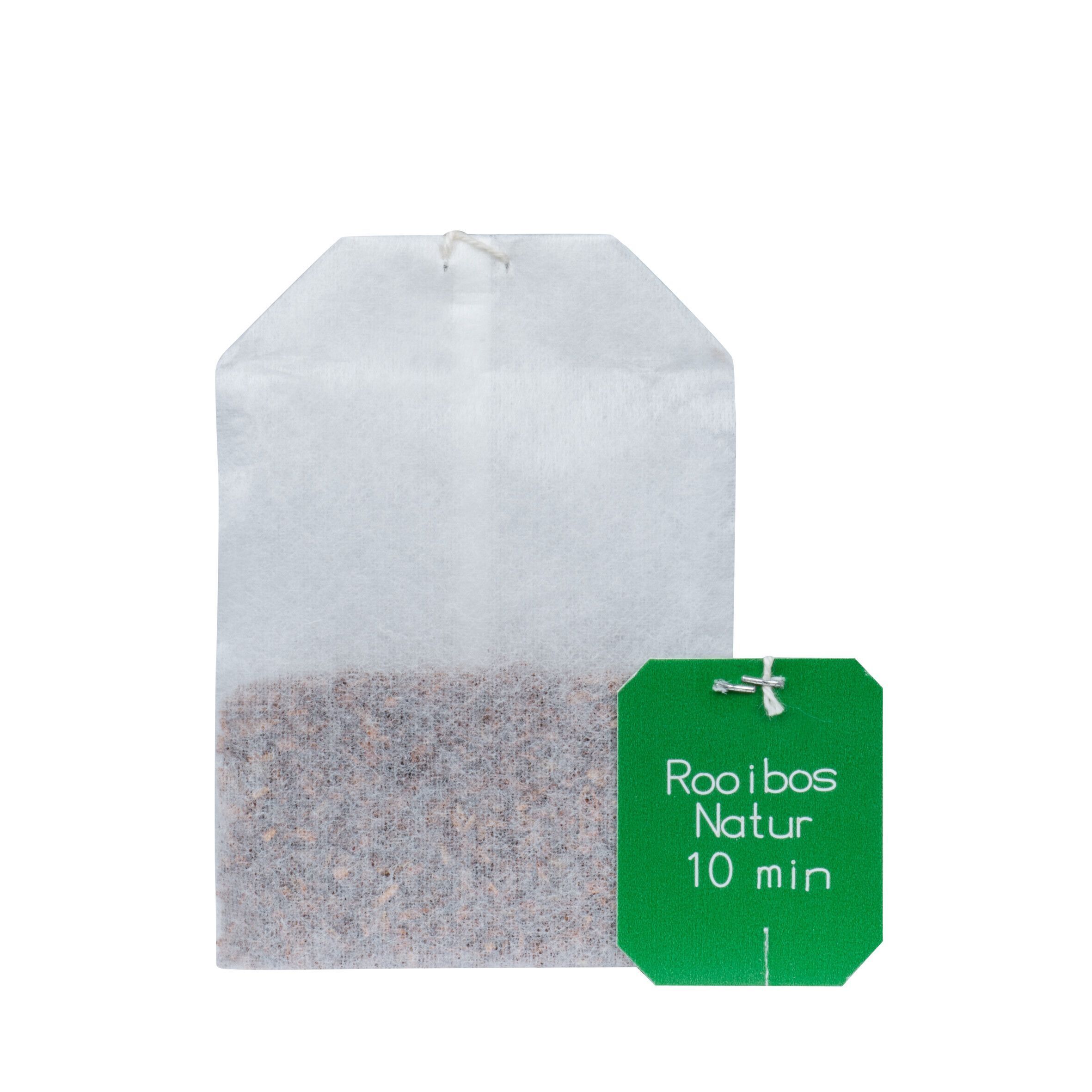 Teebeutel mit Aufdruck: Rooibos, 10 min. Grünes Etikett.