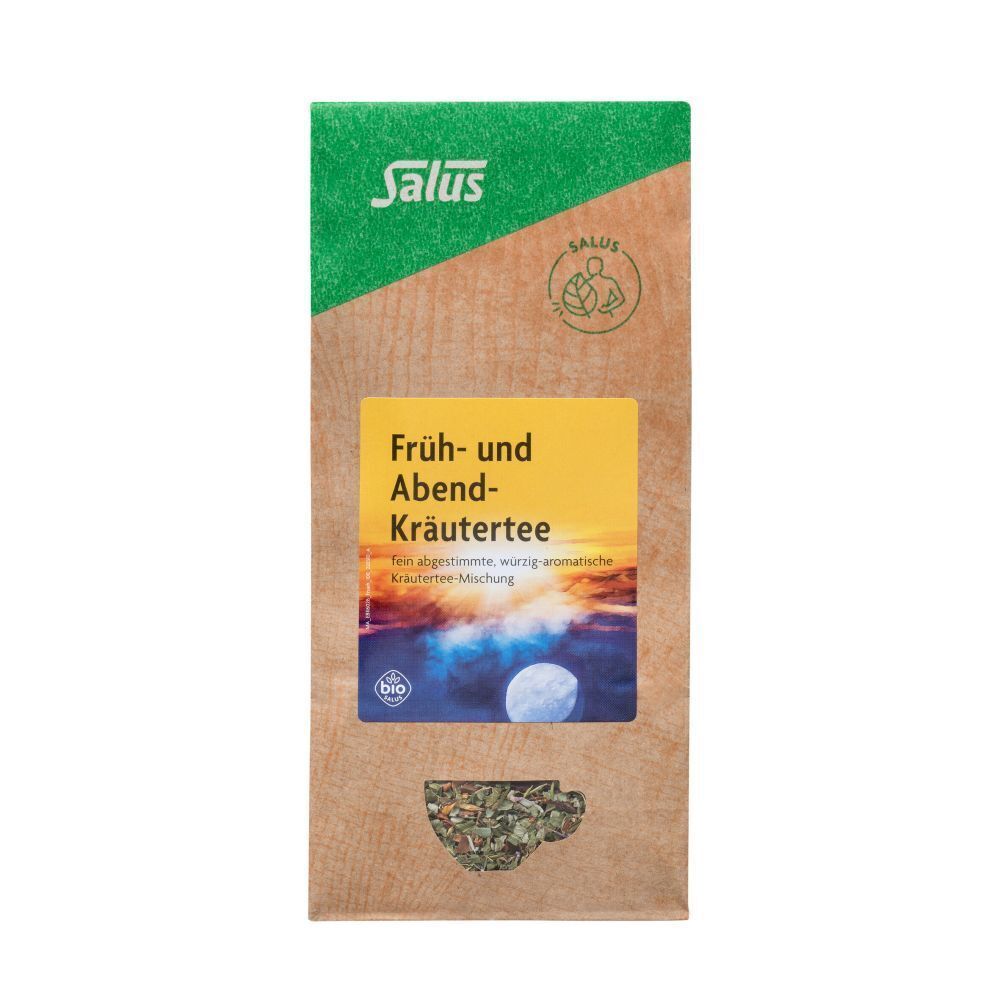 Kräutertee-Beutel mit grüner Oberseite und gelbem Etikett. Aufschrift: Früh- und Abend-Kräutertee. Sichtfenster mit Kräutern.