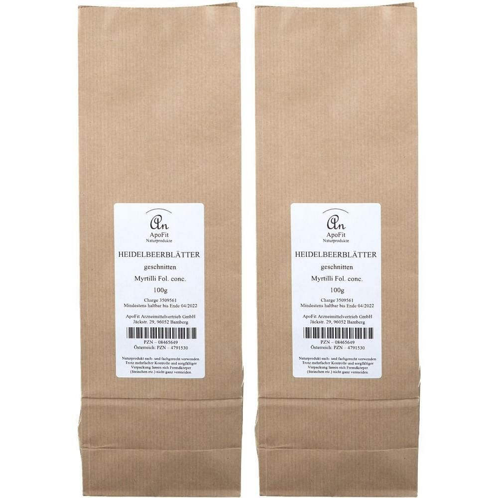 Zwei Packungen geschnittene Heidelbeerblätter, jeweils 100g.