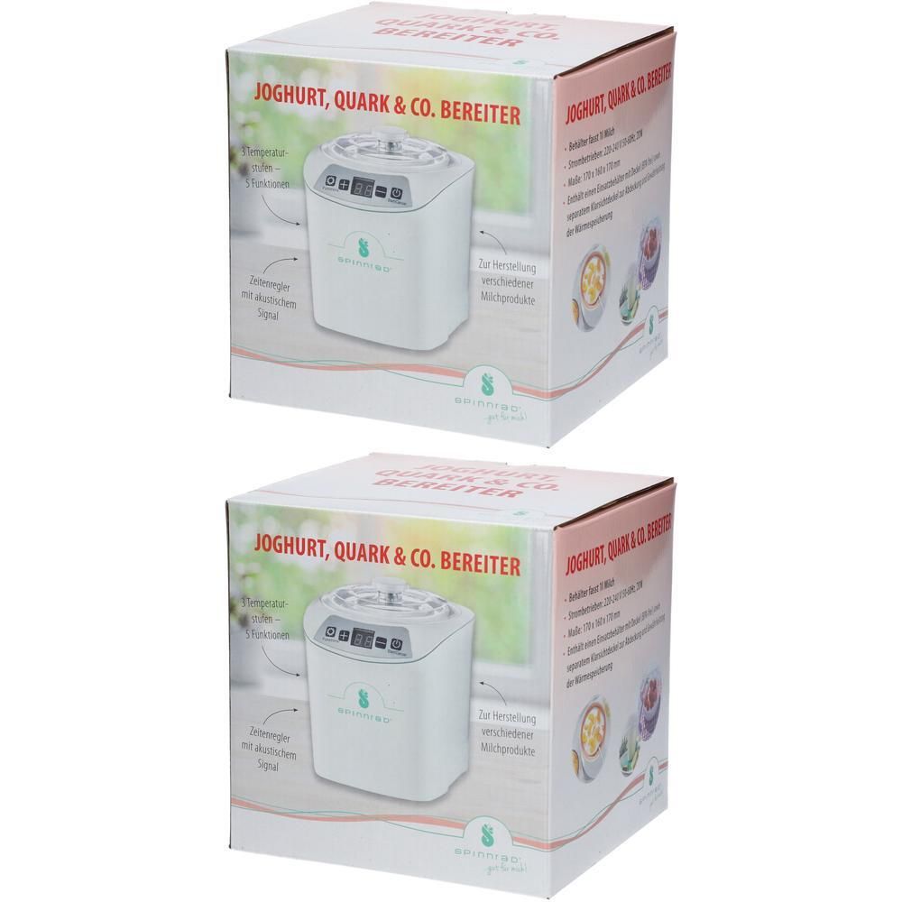 Zwei Kartons mit dem Produkt Joghurt, Quark & Co. Bereiter. Aufdrucke: Produktabbildung, Schriftzüge, Logo.