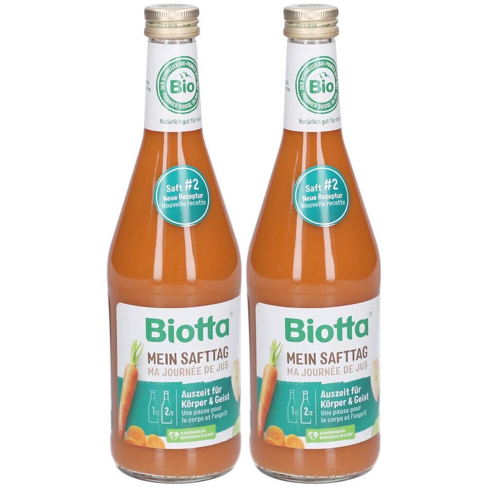 Zwei Flaschen Biotta Mein Safttag Karottensaft mit Bio-Siegel. Saft #2 für Körper & Geist.