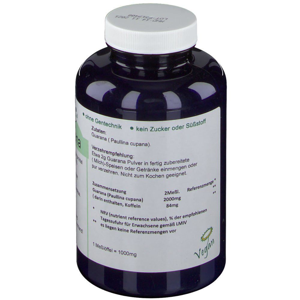 Guarana-Pulver-Dose. Weißer Deckel, grünes Etikett mit Produktinformationen. Aufschrift: Guarana, Nahrungsergänzungsmittel. Vegan-Siegel.