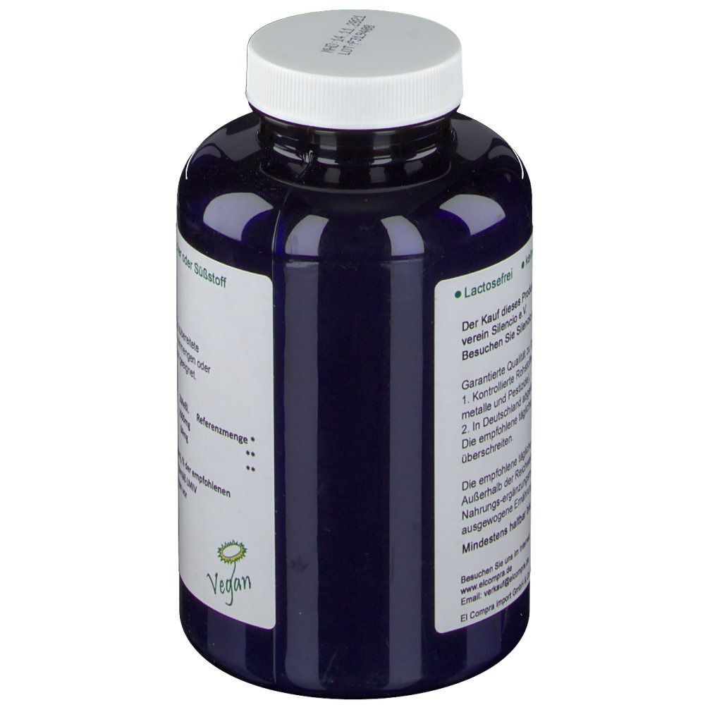 Guarana-Pulver-Dose. Weißer Deckel, Etikett mit Produktinformationen. Aufschrift: Lactosefrei, Vegan-Siegel. Rückseite mit Text.