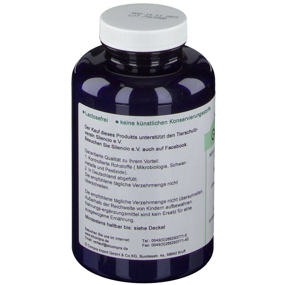 Guarana-Pulver-Dose. Weißer Deckel, Etikett mit Produktinformationen. Aufschrift: Lactosefrei, keine künstlichen Konservierungsstoffe. Text.