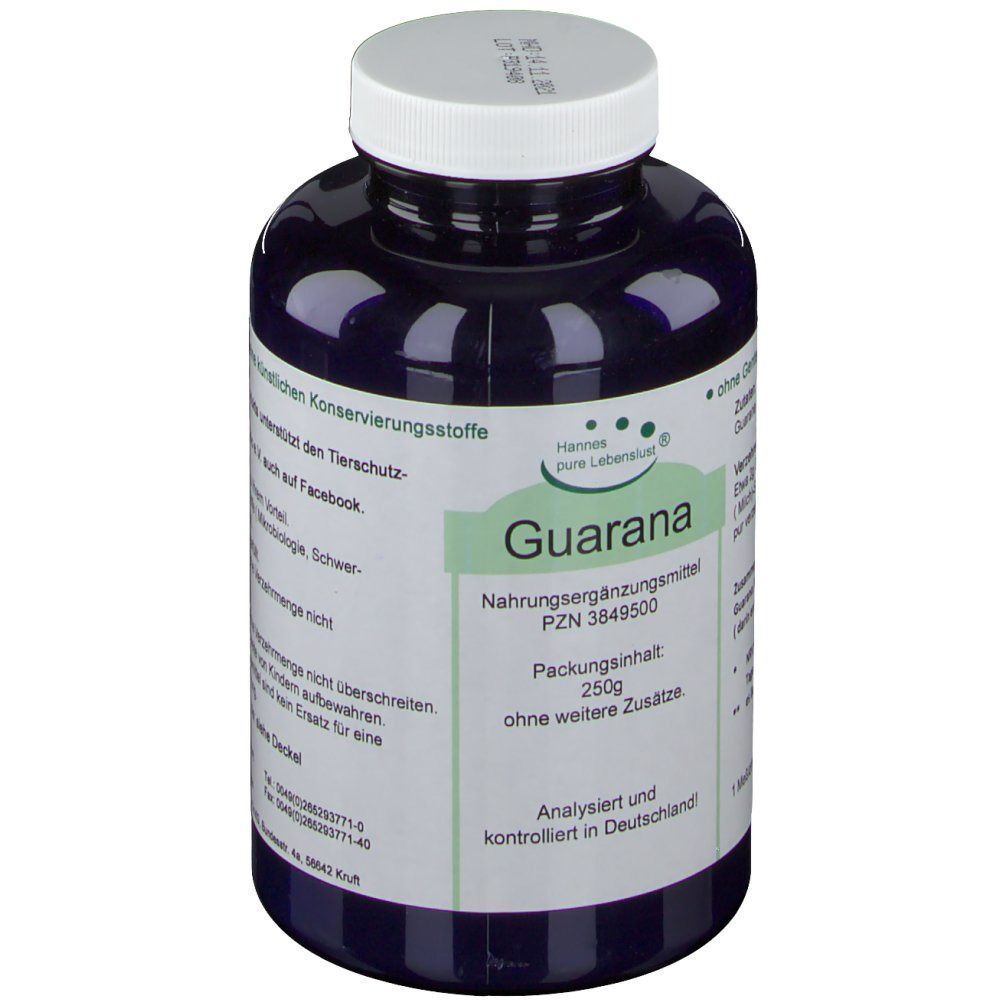Guarana-Pulver-Dose. Weißer Deckel, grünes Etikett mit Produktinformationen. Aufschrift: Guarana, Nahrungsergänzungsmittel, 250g.