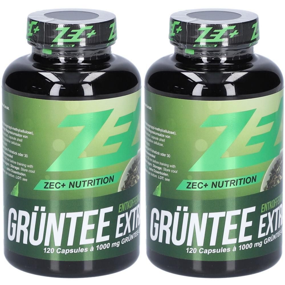 Zwei Flaschen mit grünem Etikett. Aufschrift: ZEC+ Nutrition, Grüntee Extrakt, 120 Kapseln. Schwarzer Deckel mit Logo.