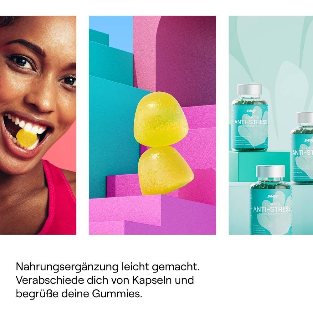Eine Frau isst eine gelbe Gummibärchen. Zwei gelbe Gummibärchen. Flaschen ULTIMATE ANTI-STRESS im Hintergrund. Text: Nahrungsergänzung leicht gemacht.
