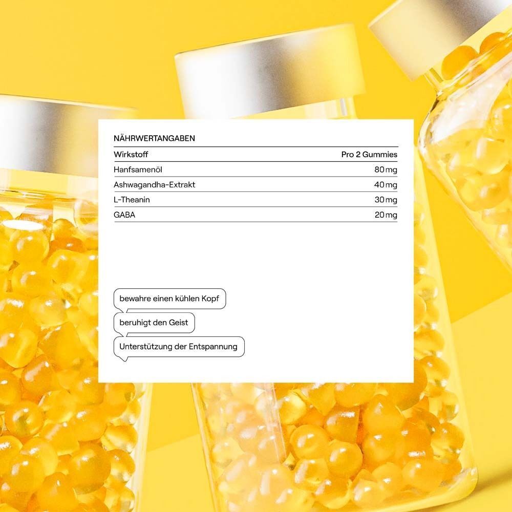 Nahaufnahme von Gummibärchen in einer Flasche. Text: Nährwertangaben. Wirkstoffe. Hanfsamenöl, Ashwagandha-Extrakt, L-Theanin, GABA.