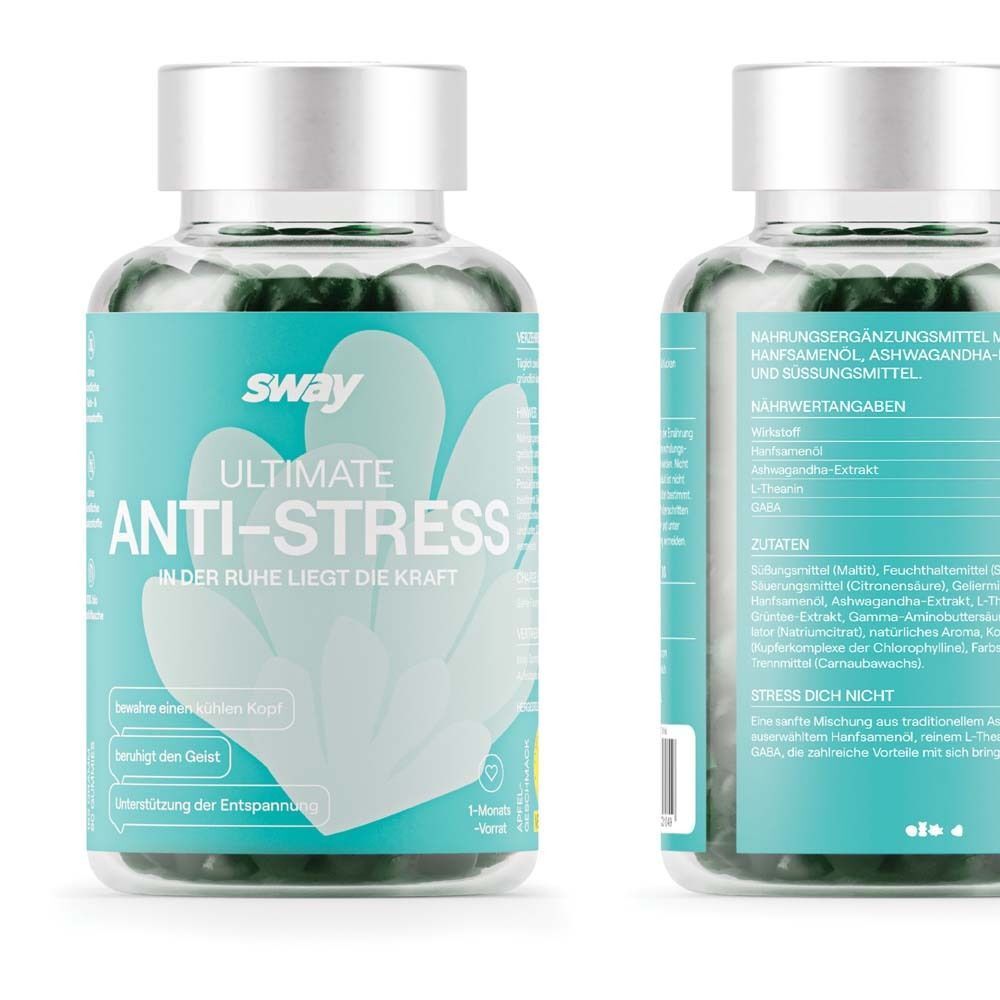 Flasche ULTIMATE ANTI-STRESS. Hellblaues Etikett mit weißem Blütenmotiv. Aufschrift: sway, ANTI-STRESS. Text: beruhigt den Geist, Unterstützung der Entspannung.