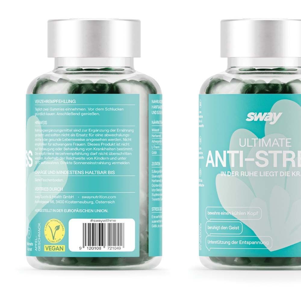 Rückseite der Flasche ULTIMATE ANTI-STRESS. Text: Anwendungshinweise, Mindesthaltbarkeitsdatum. Vegan-Siegel. Aufschrift: sway, ANTI-STRESS.