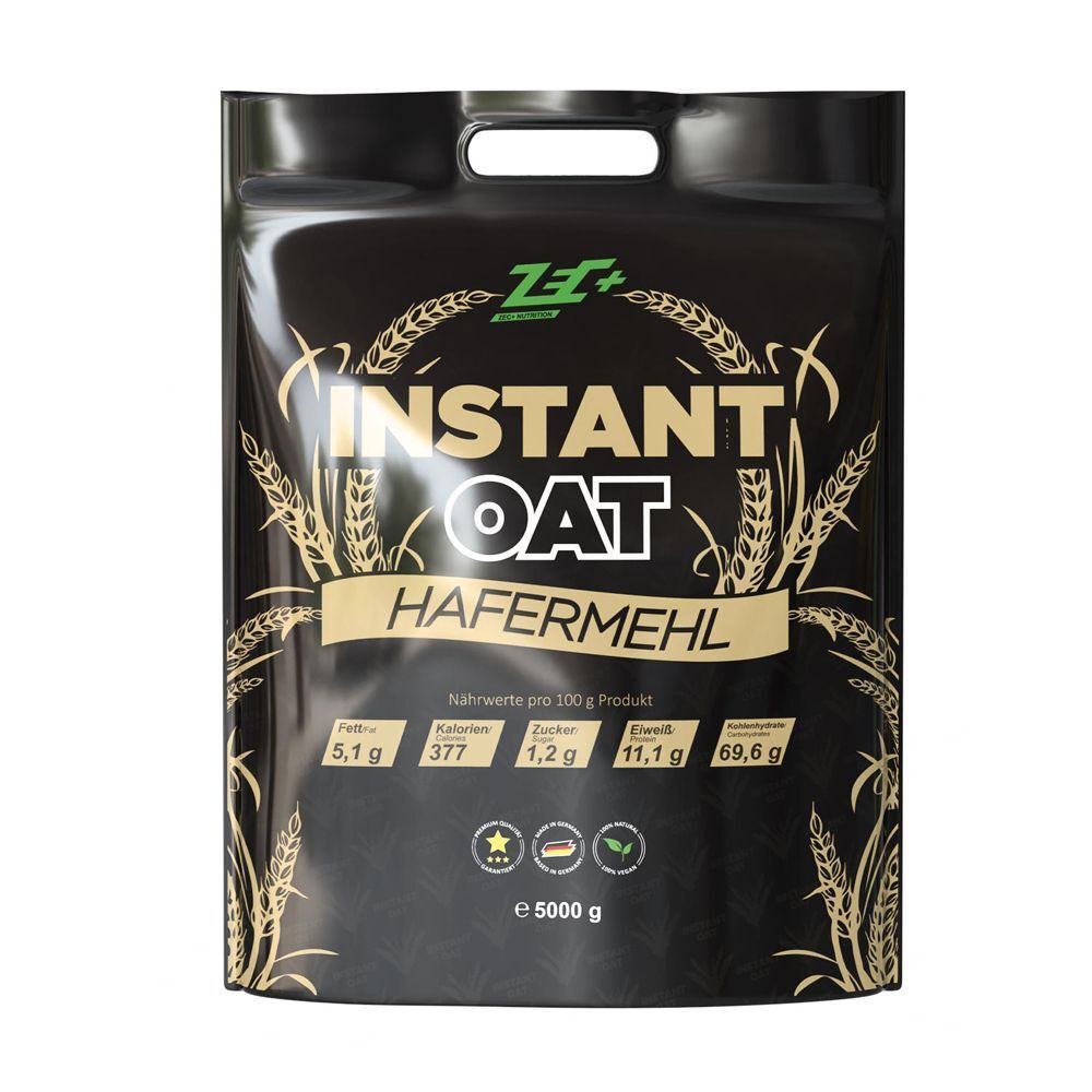 Beutel Instant Oat Hafermehl. Schwarze Verpackung mit goldfarbenem Schriftzug und Abbildungen von Ähren. Enthält Nährwertangaben und Qualitätssiegel.