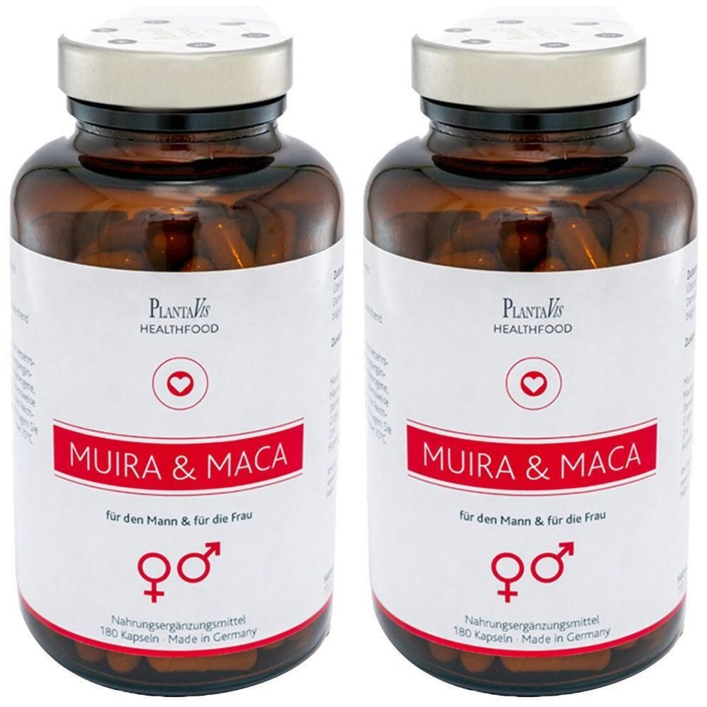 Zwei braune Glasflaschen mit Kapseln. Aufschrift: MUIRA & MACA, für Mann & Frau. Logo: Herz. Nahrungsergänzungsmittel. 180 Kapseln.