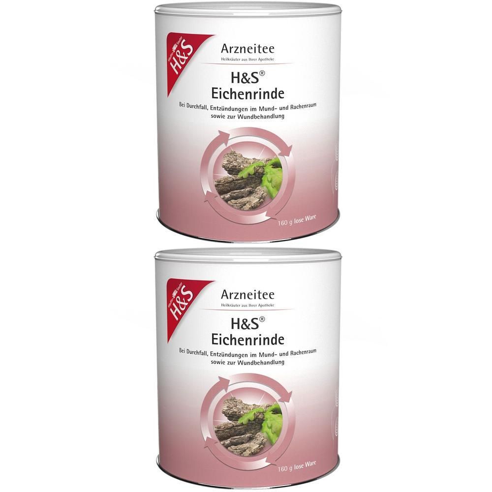 Zwei Dosen H&S Eichenrinde Arzneitee, 160g. Weiße Dosen mit rotem H&S Logo und Produktinformationen.