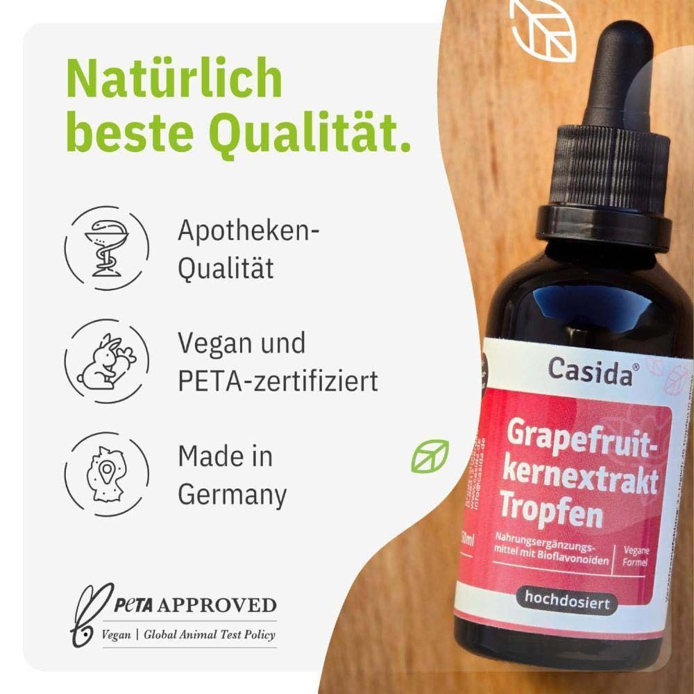 Flasche Casida Grapefruitkernextrakt Tropfen mit Pipette, daneben Siegel für Apothekenqualität und Made in Germany.
