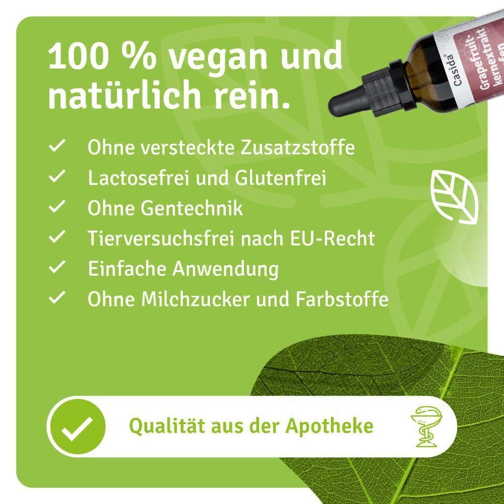 Flasche Casida Grapefruitkernextrakt Tropfen mit Pipette, daneben Siegel für 100% vegan und natürlich rein.