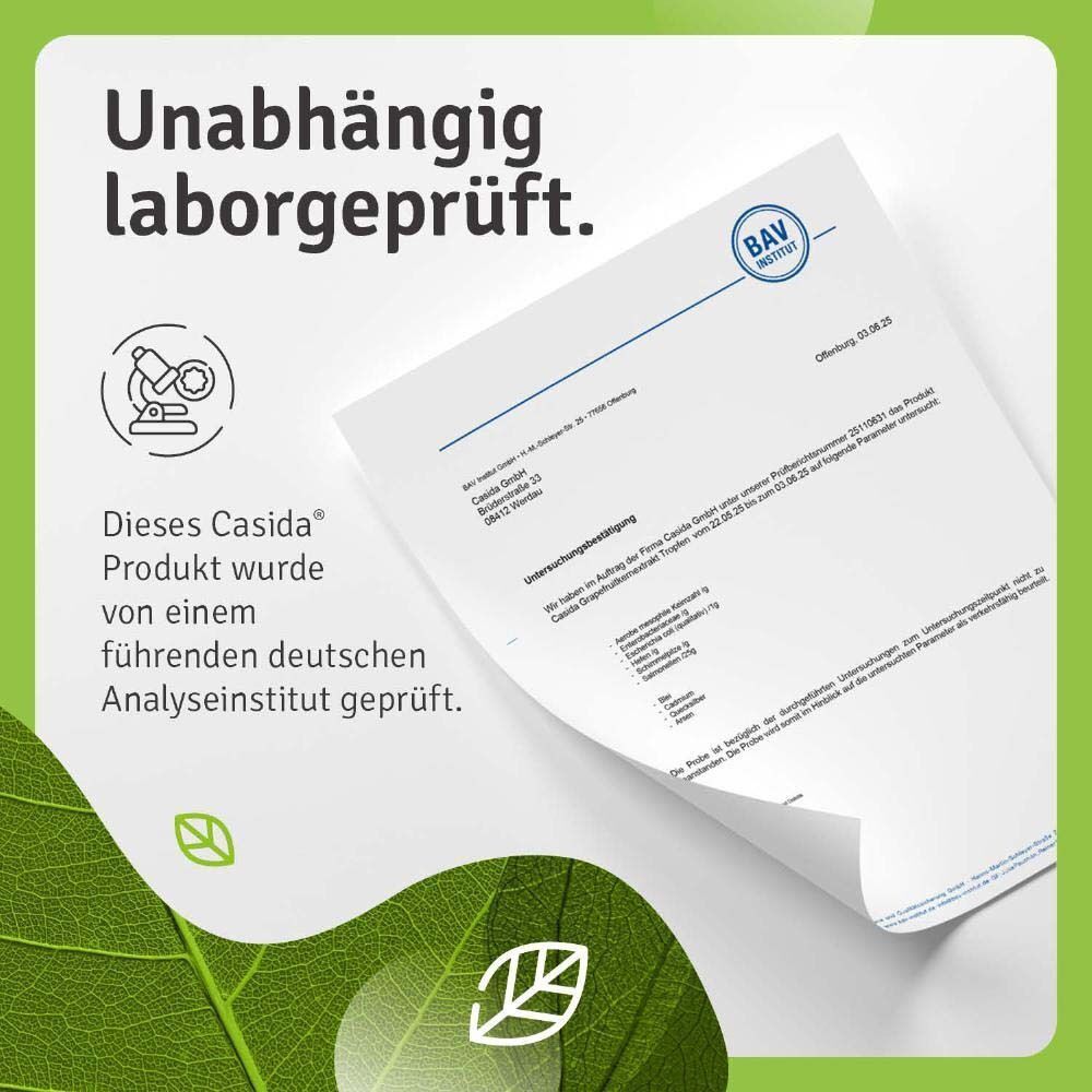 Flasche Casida Grapefruitkernextrakt Tropfen mit Pipette, daneben Prüfbericht eines deutschen Analyseinstituts.