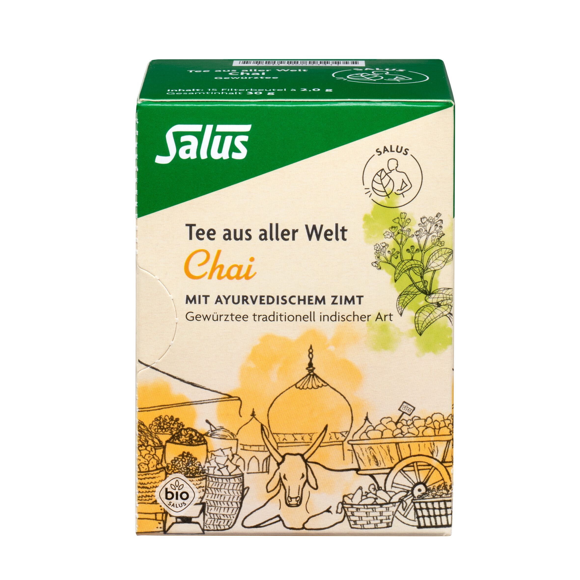 Teepackung. Aufschrift: Salus, Tee aus aller Welt Chai, mit ayurvedischem Zimt. Bio-Siegel. Illustration.