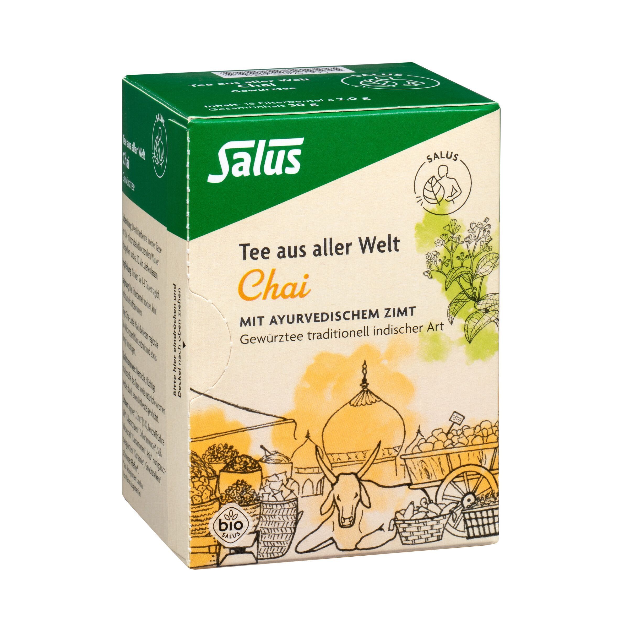 Teepackung. Aufschrift: Salus, Tee aus aller Welt Chai, mit ayurvedischem Zimt. Bio-Siegel. Illustration.