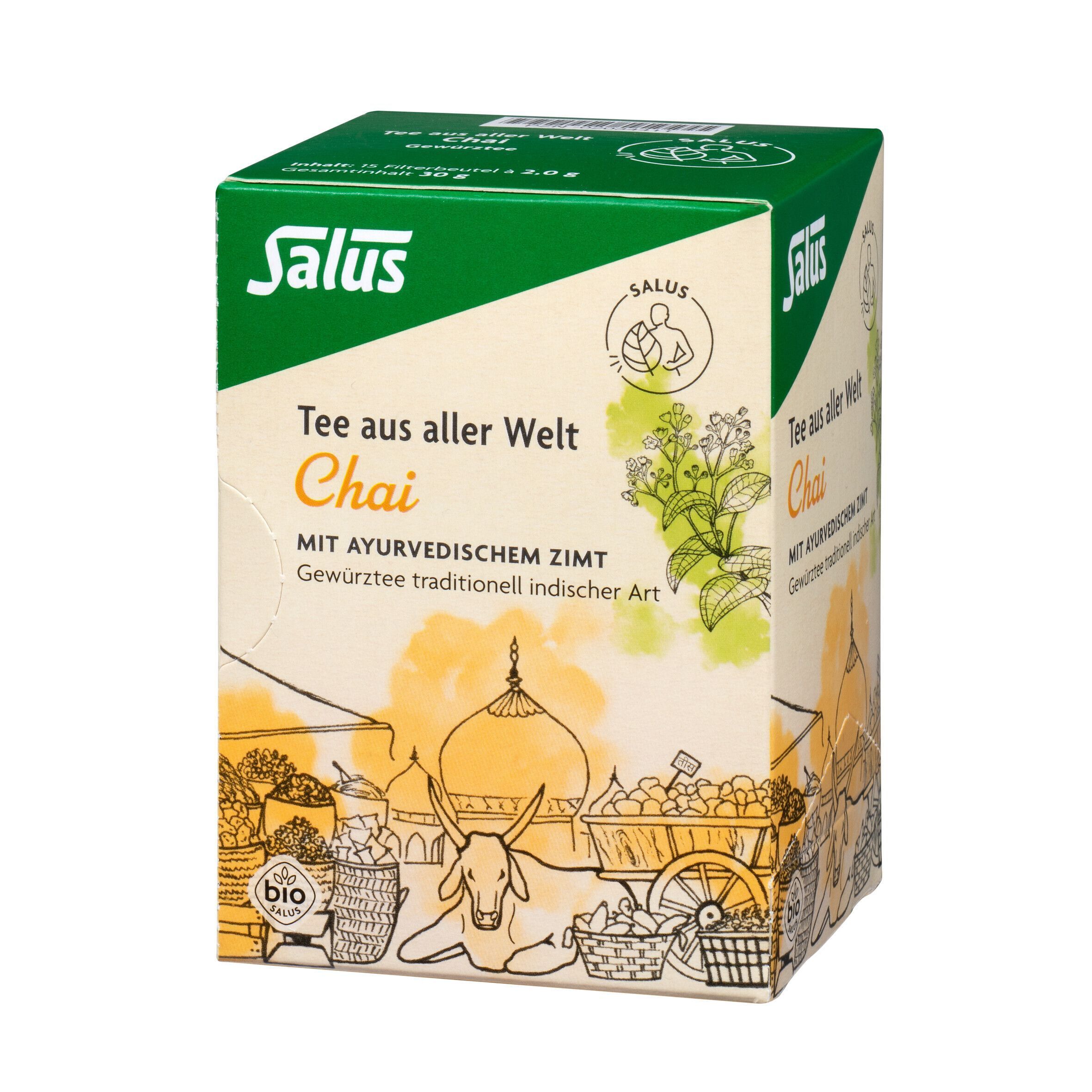 Teepackung. Aufschrift: Salus, Tee aus aller Welt Chai, mit ayurvedischem Zimt. Bio-Siegel. Illustration.