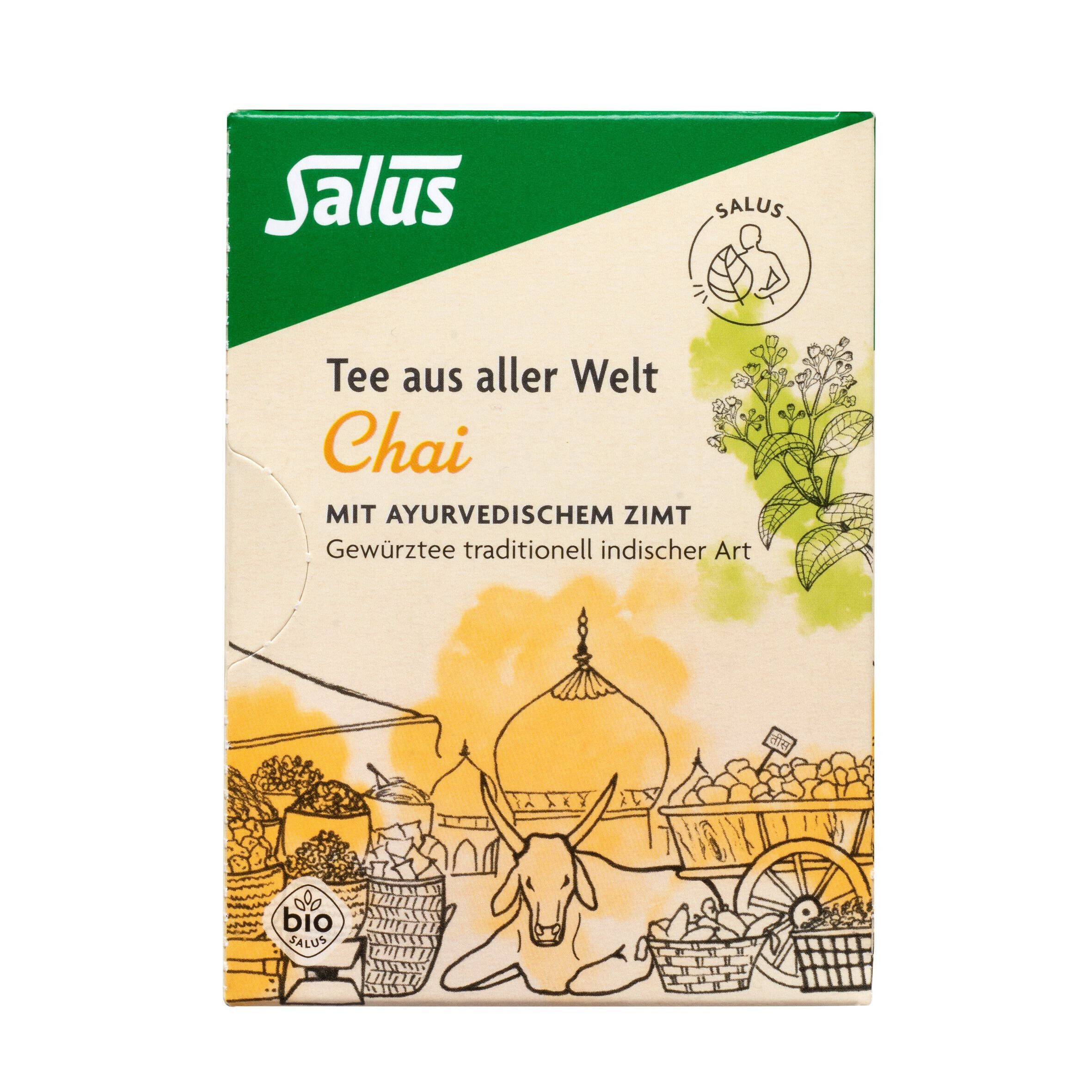 Teepackung. Aufschrift: Salus, Tee aus aller Welt Chai, mit ayurvedischem Zimt. Bio-Siegel. Illustration.