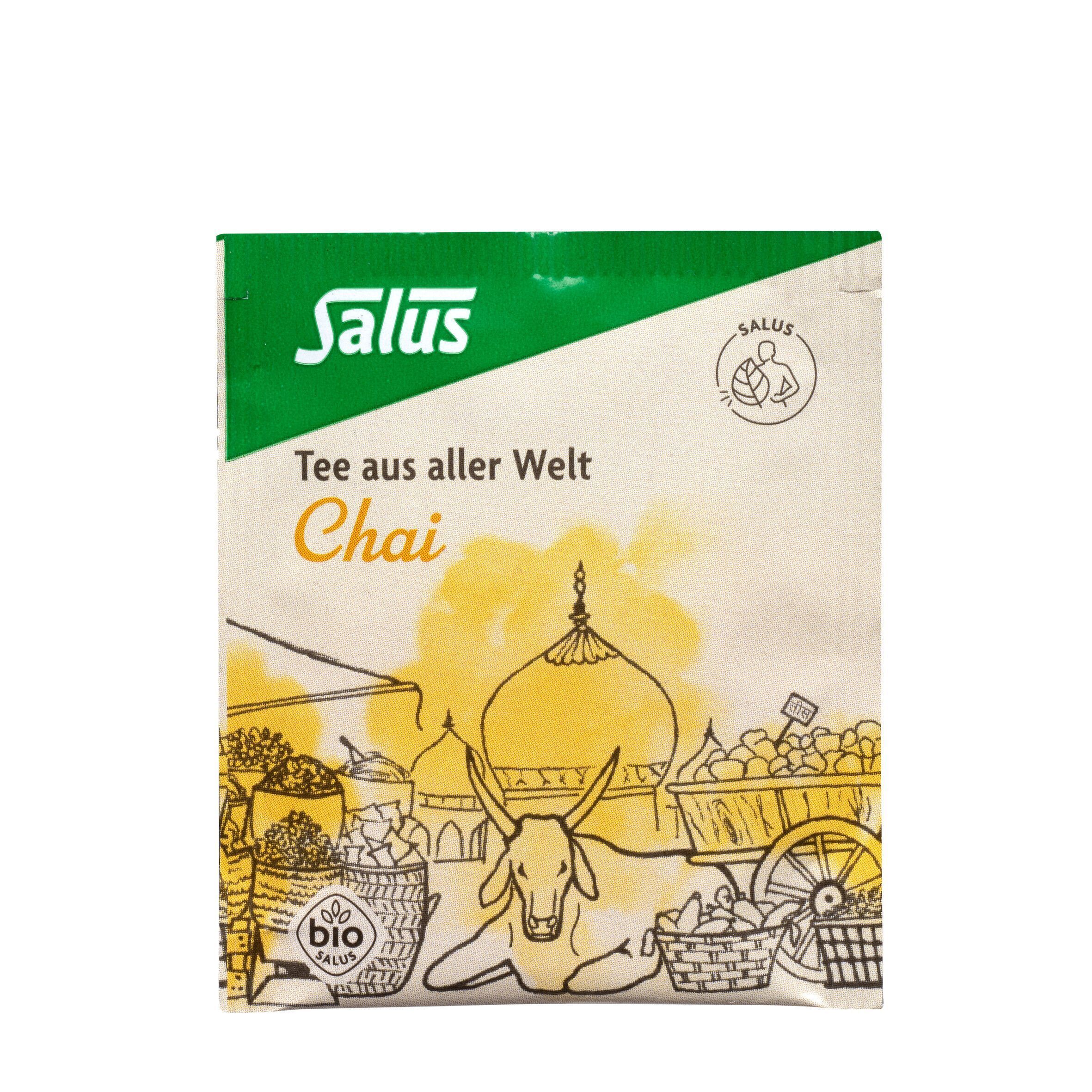 Teepackung. Aufschrift: Salus, Tee aus aller Welt Chai, mit ayurvedischem Zimt. Bio-Siegel. Illustration.