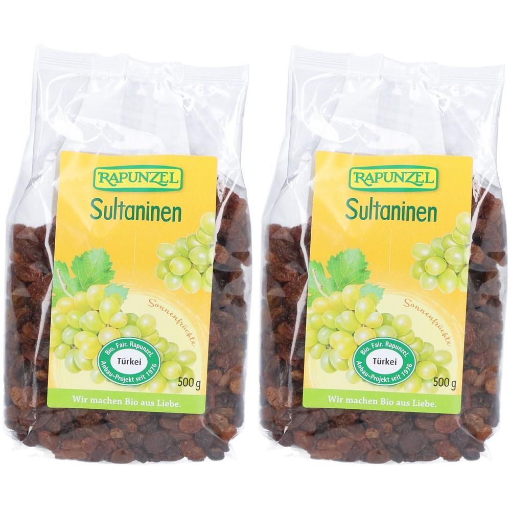 Zwei transparente Beutel mit Sultaninen. Auf den Etiketten steht "RAPUNZEL Sultaninen". Die Etiketten zeigen Trauben und die Angabe "500 g".