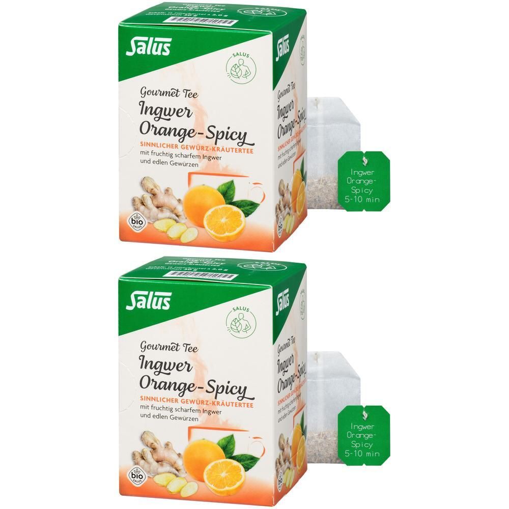 Zwei Kartons Salus Ingwer Orange-Spicy Tee. Aufdruck: Ingwer, Orange, Kräutertee. Zwei Teebeutel mit Etikett.