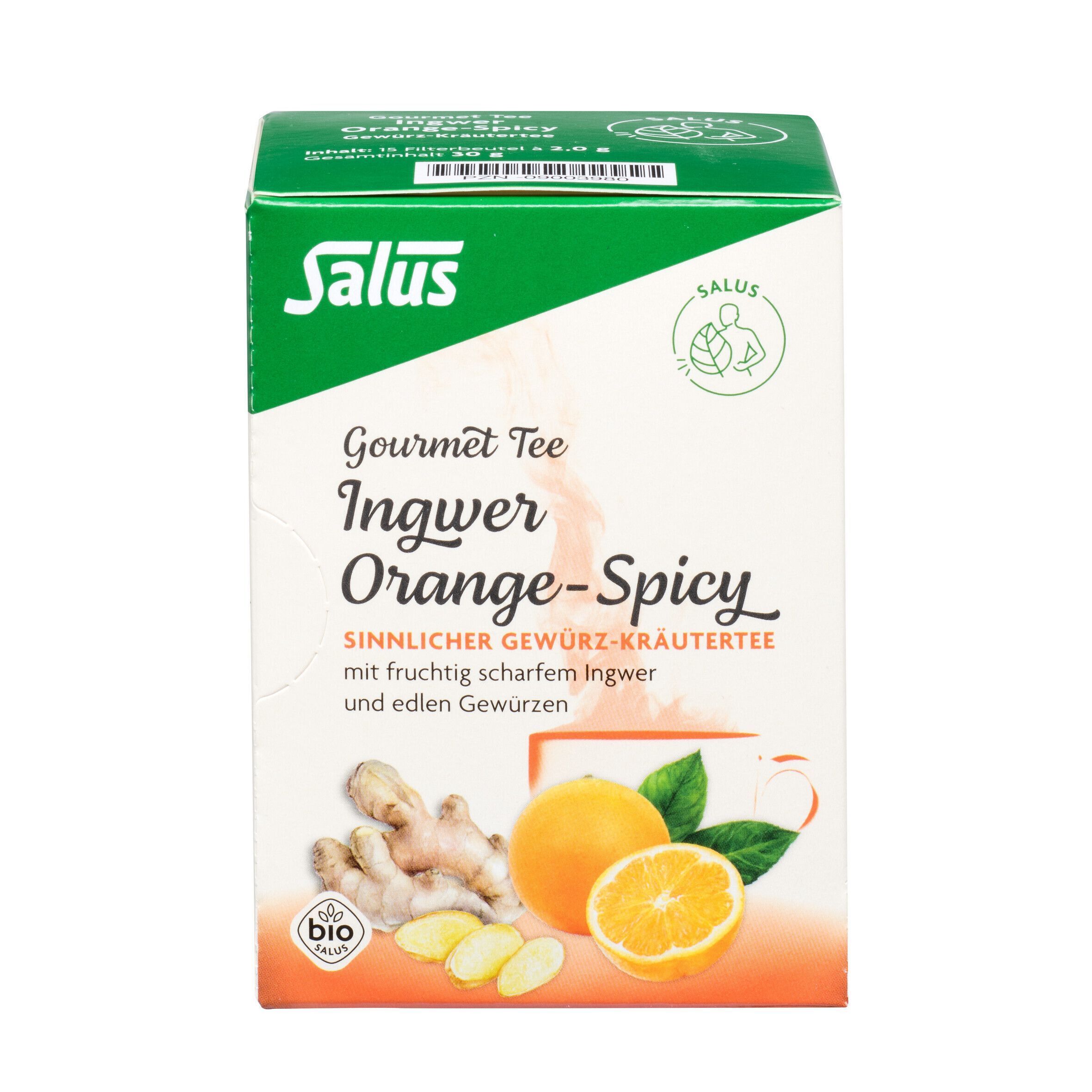 Salus Ingwer Orange-Spicy Tee-Karton. Aufdruck: Ingwer, Orange, Kräutertee. Bio-Siegel. Abgebildet: Ingwer, Orange.
