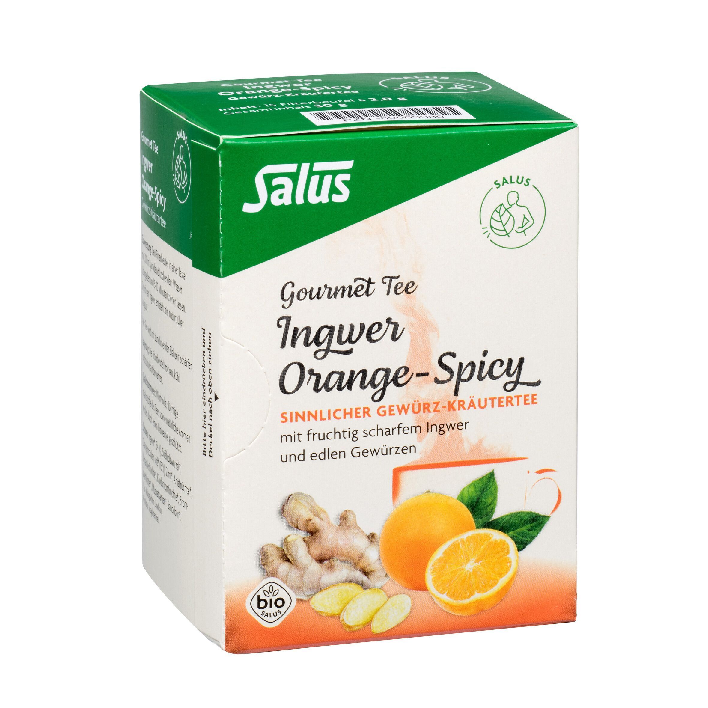 Salus Ingwer Orange-Spicy Tee-Karton. Aufdruck: Ingwer, Orange, Kräutertee. Bio-Siegel. Ansicht: Seite.