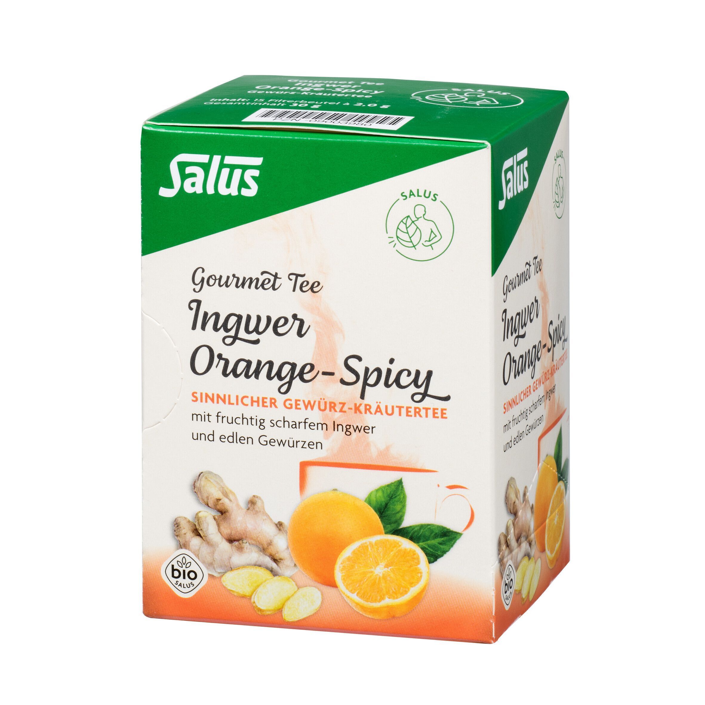 Salus Ingwer Orange-Spicy Tee-Karton. Aufdruck: Ingwer, Orange, Kräutertee. Bio-Siegel. Ansicht: schräg.