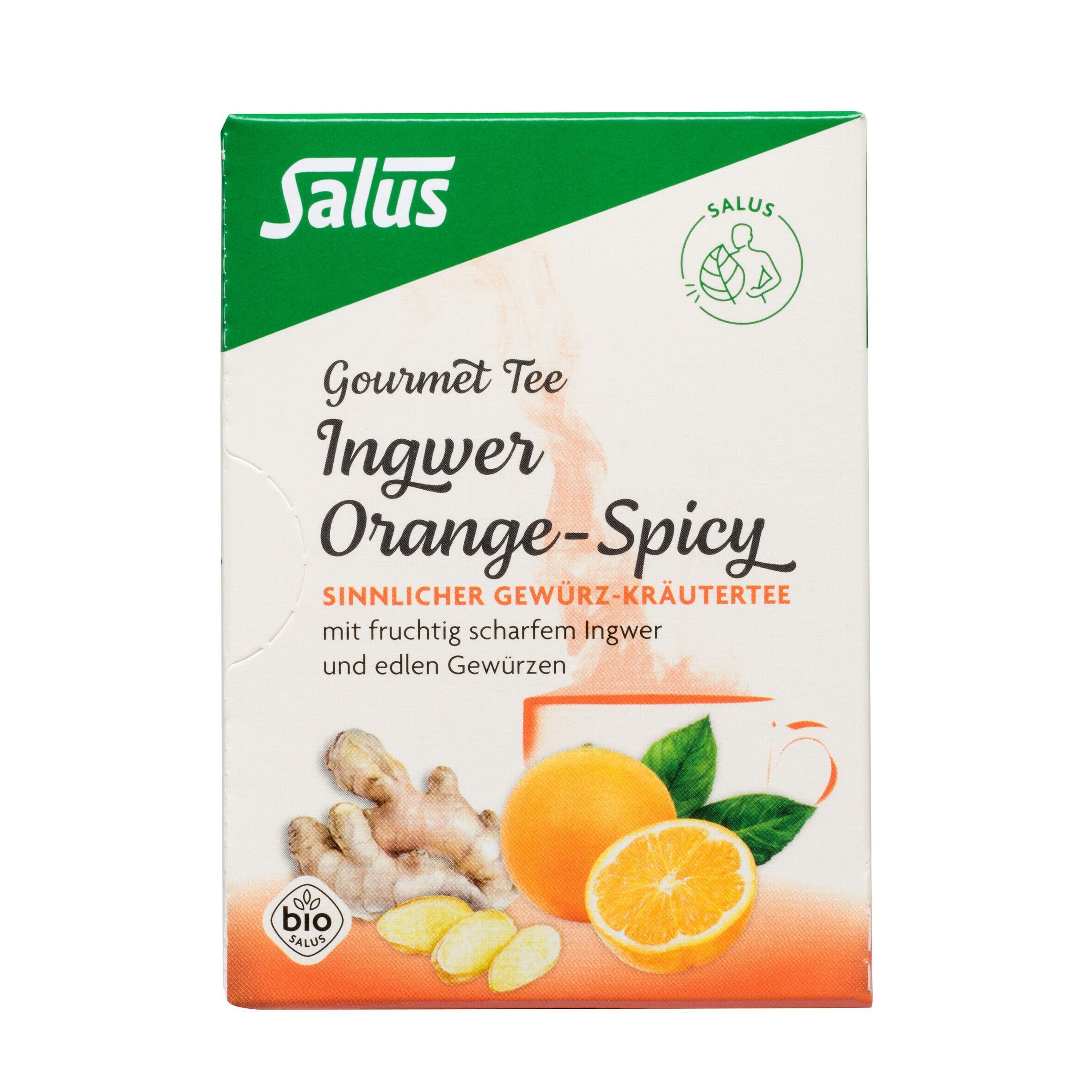 Salus Ingwer Orange-Spicy Tee-Karton. Aufdruck: Ingwer, Orange, Kräutertee. Bio-Siegel. Nahaufnahme.