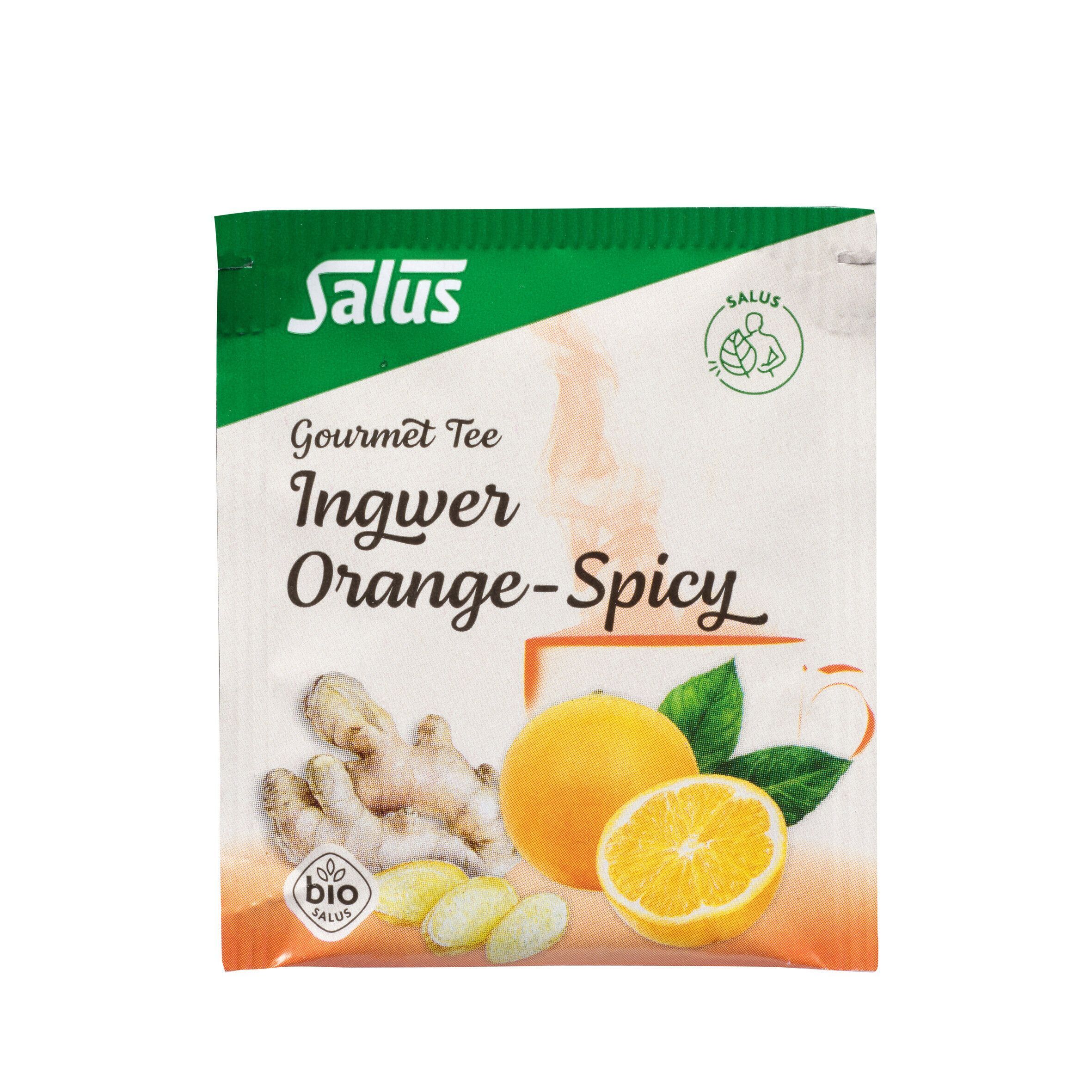 Salus Ingwer Orange-Spicy Tee-Packung. Aufdruck: Ingwer, Orange, Kräutertee. Bio-Siegel. Abgebildet: Ingwer, Orange.