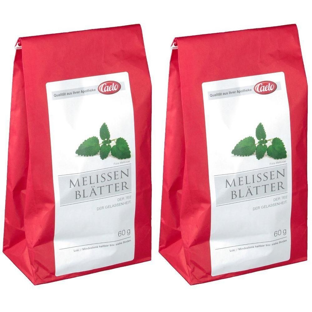 Zwei rote Packungen CAELO Melissenblätter Tee, jeweils 60g.