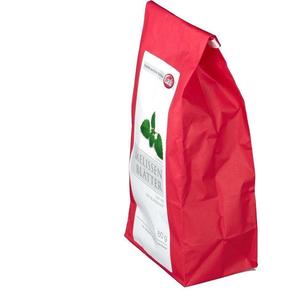 Eine rote Packung CAELO Melissenblätter Tee, 60g, von der Seite gezeigt.