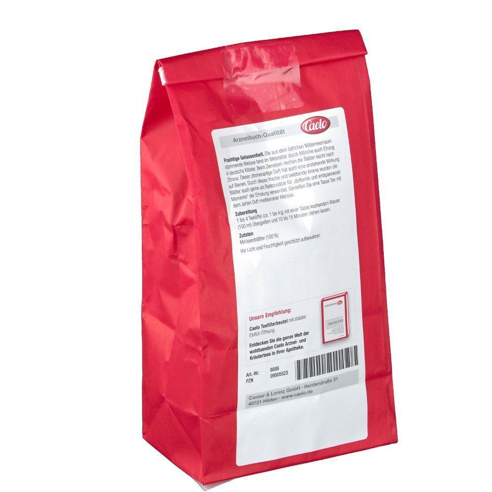 Rückseite einer roten Packung CAELO Melissenblätter Tee mit Produktinformationen.
