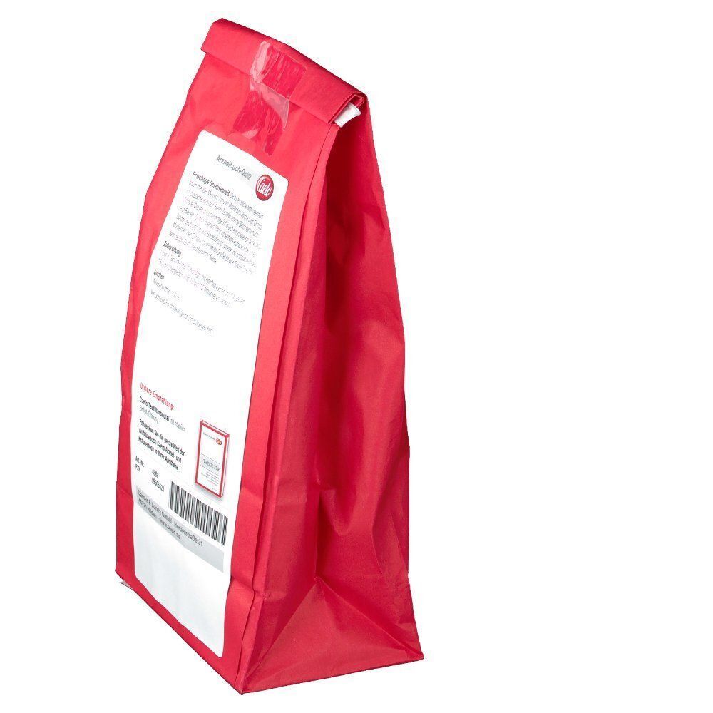 Rückseite einer roten Packung CAELO Melissenblätter Tee, von der Seite gezeigt.