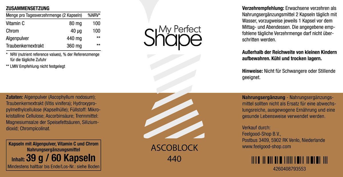 Etikett mit Produktinformationen. Enthält ASCOBLOCK 440, Logo My Perfect Shape, Zutatenliste, Nährwertangaben und Verzehrempfehlung.
