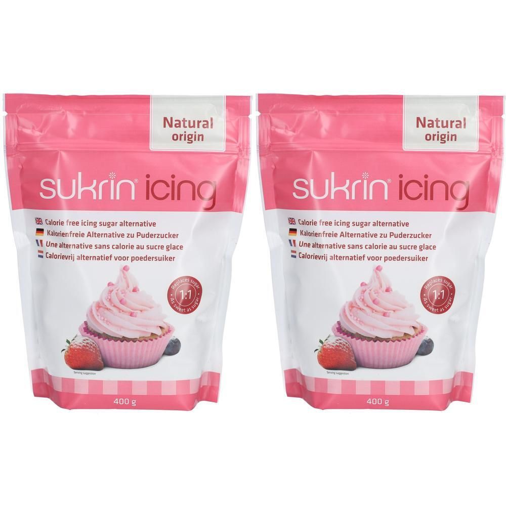 Zwei Beutel Sukrin Icing, kalorienfreie Alternative zu Puderzucker. Rosa Verpackung mit Produktabbildung und Aufschrift.