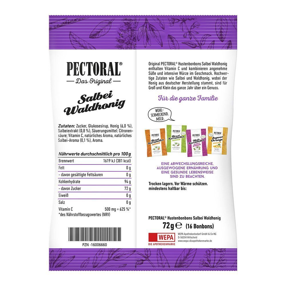 Rückseite der PECTORAL Salbei Waldhonig Bonbon-Verpackung. Enthält Zutatenliste, Nährwertangaben und Text. Kleines Bild von verschiedenen Bonbon-Sorten.