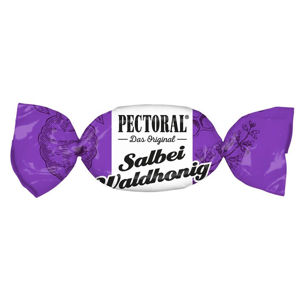 Einzelne PECTORAL Salbei Waldhonig Bonbon. Lila gewickelt mit Produktnamen und -bezeichnung. Form: länglich, gewickelt.